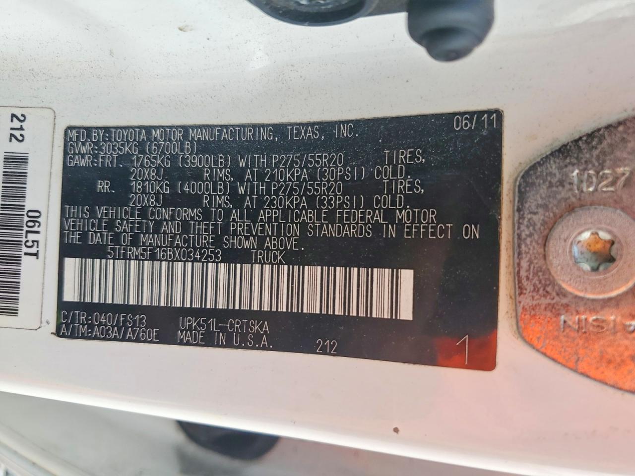 2011 Toyota Tundra VIN 5TFRM5F16BX034253 photo 12