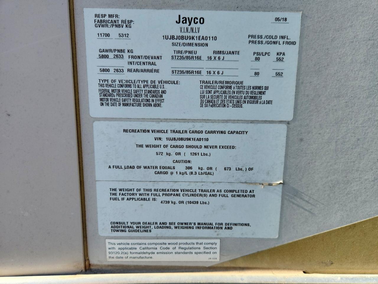 2019 JAYCO All models VIN 1UJBJ0BU9K1EA0110 photo 10