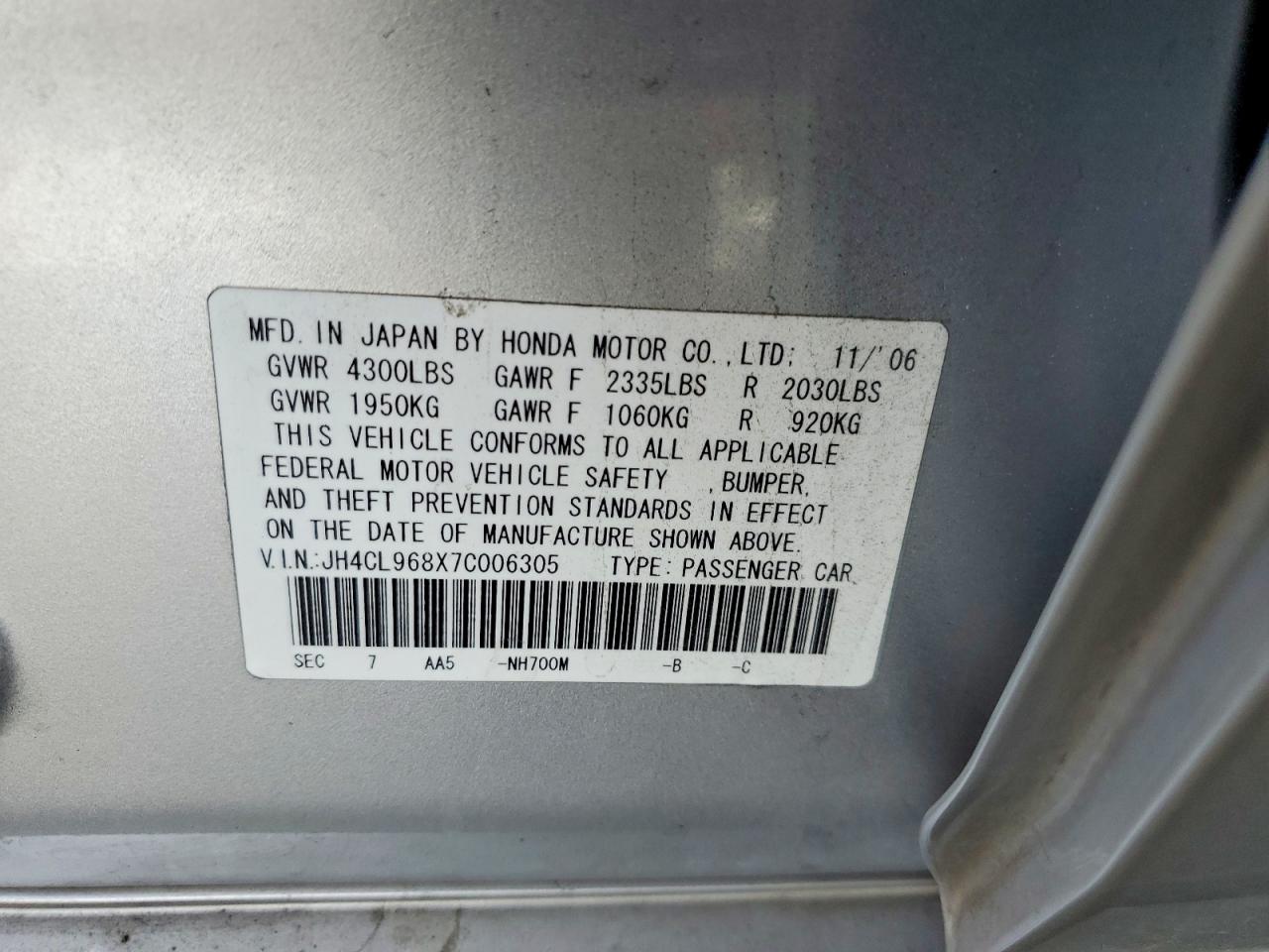 2007 Acura Tsx VIN JH4CL968X7C006305 photo 12