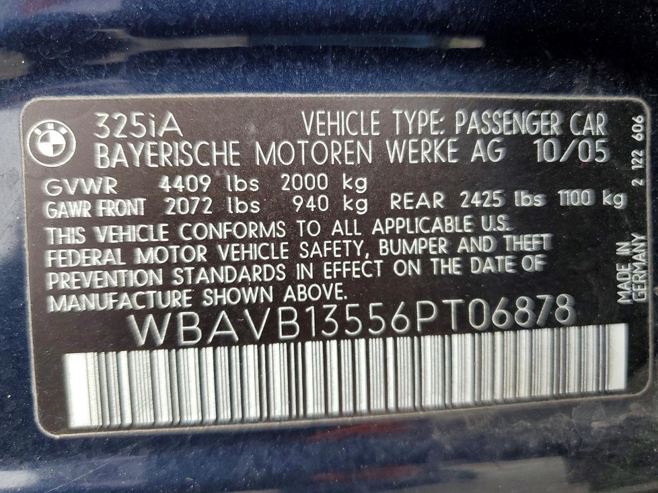 2006 BMW 3 series VIN WBAVB13556PT06878 photo 12