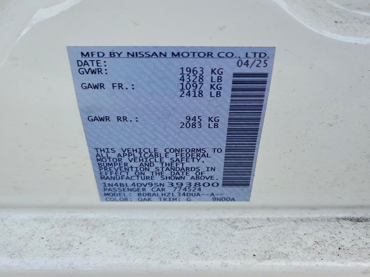 2025 Nissan Altima VIN 1N4BL4DV9SN393800 photo 12