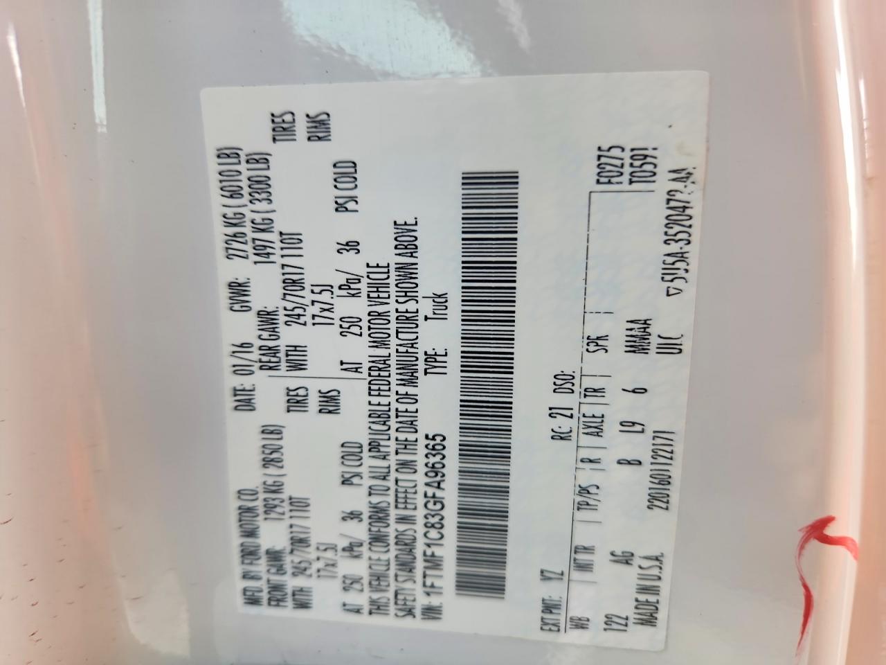 2016 Ford F150 VIN 1FTMF1C83GFA96365 photo 12