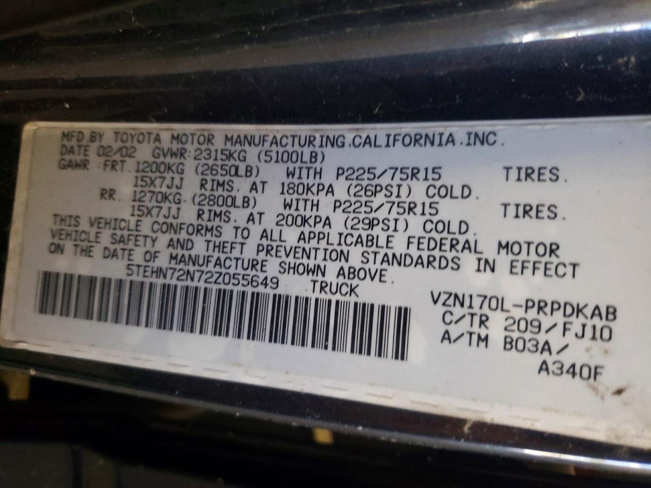 2002 Toyota Tacoma VIN 5TEHN72N72Z055649 photo 12