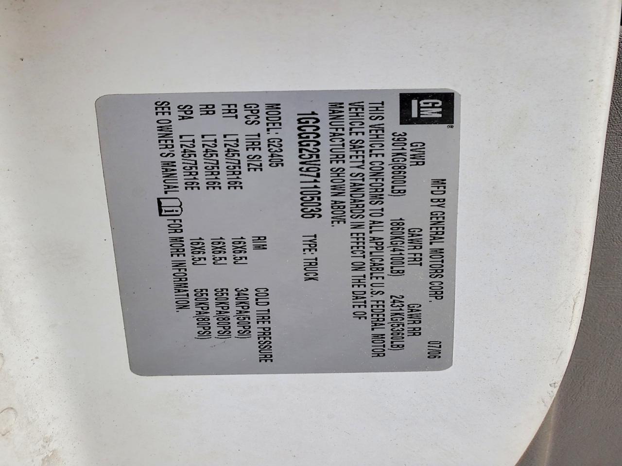 2007 CHEV Express VIN 1GCGG25V971105036 photo 12