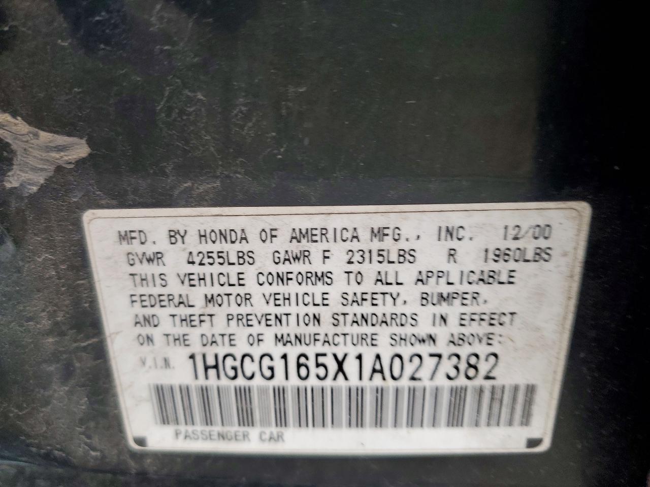 2001 Honda Accord VIN 1HGCG165X1A027382 photo 12