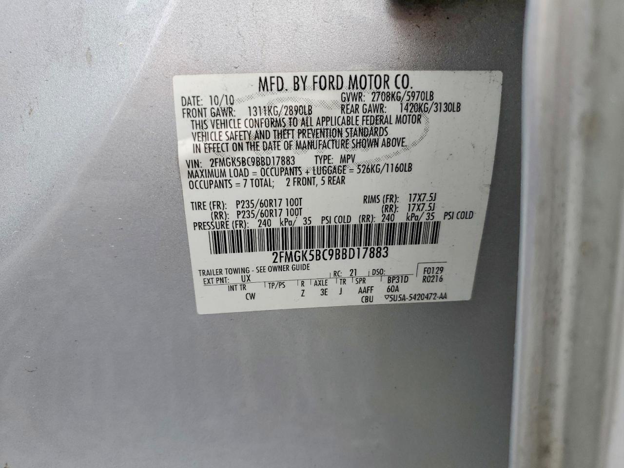 2011 Ford Flex VIN 2FMGK5BC9BBD17883 photo 12