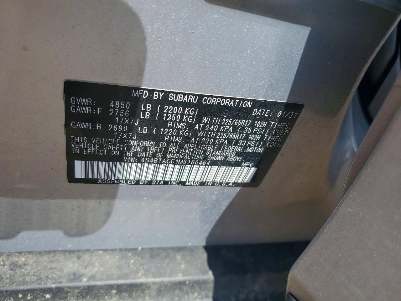 2021 Subaru Outback VIN 4S4BTACC1M3160464 photo 12