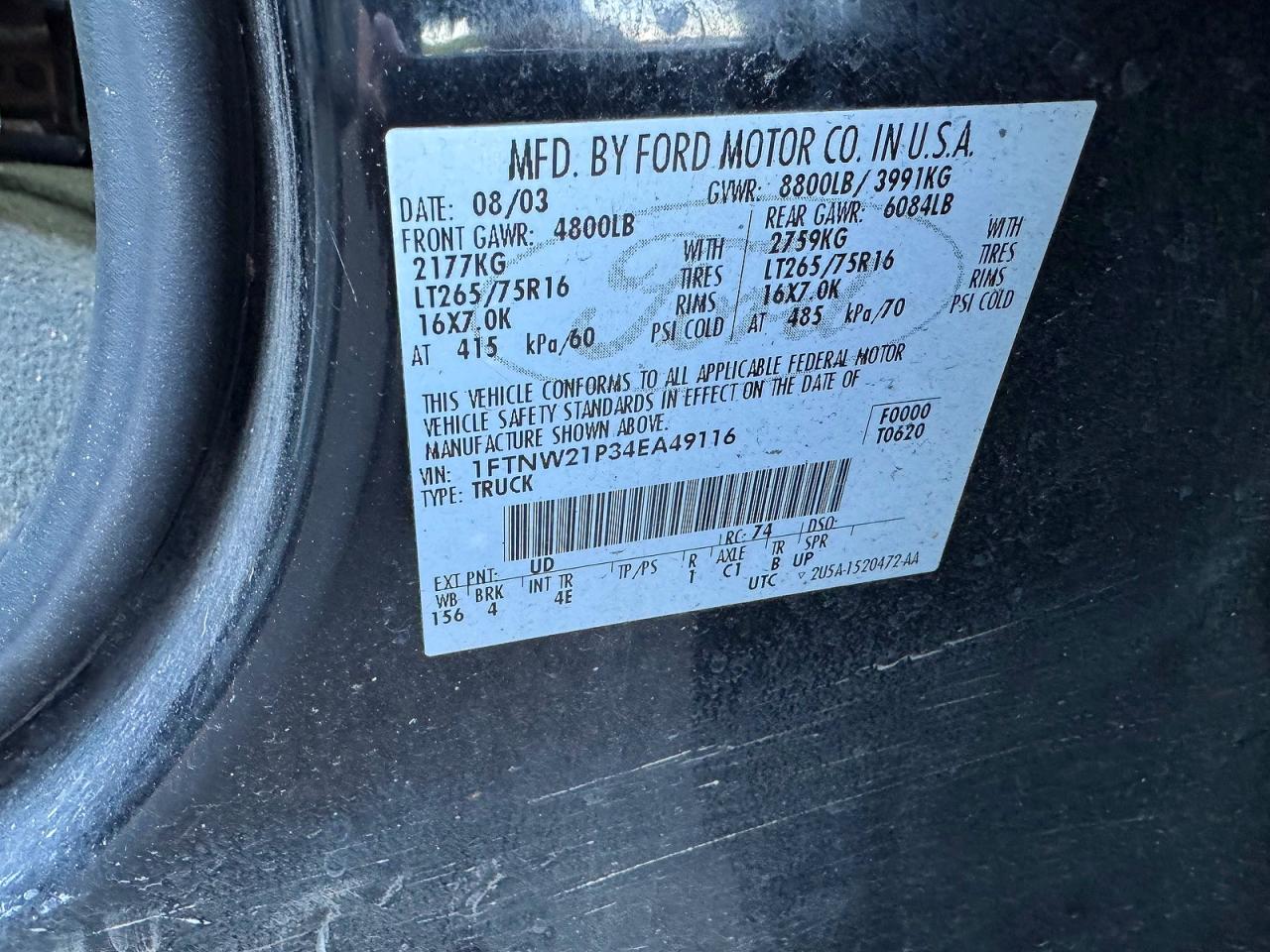 2004 Ford F250 VIN 1FTNW21P34EA49116 photo 10