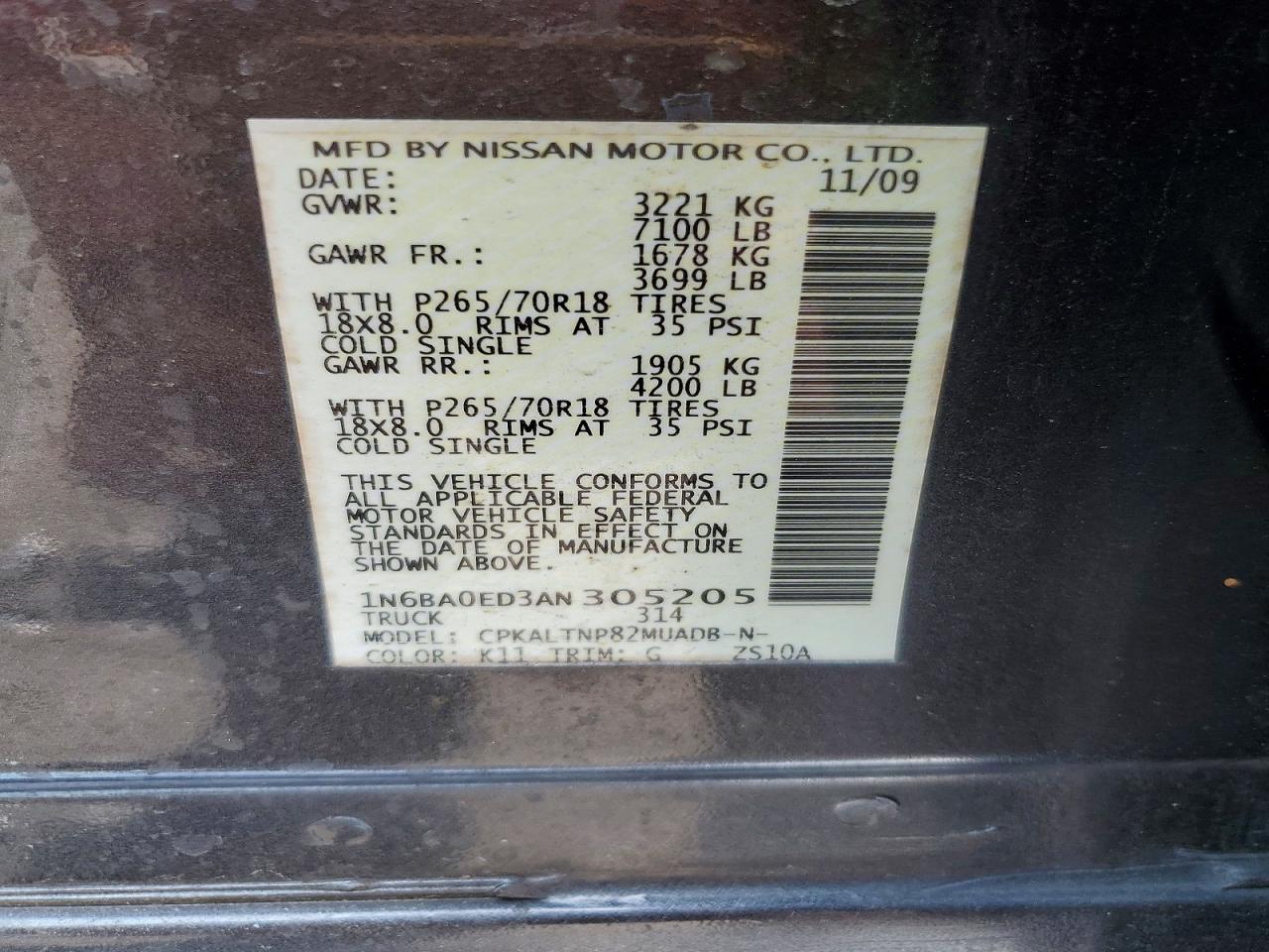 2010 Nissan TITAN VIN 1N6BA0ED3AN305205 photo 12