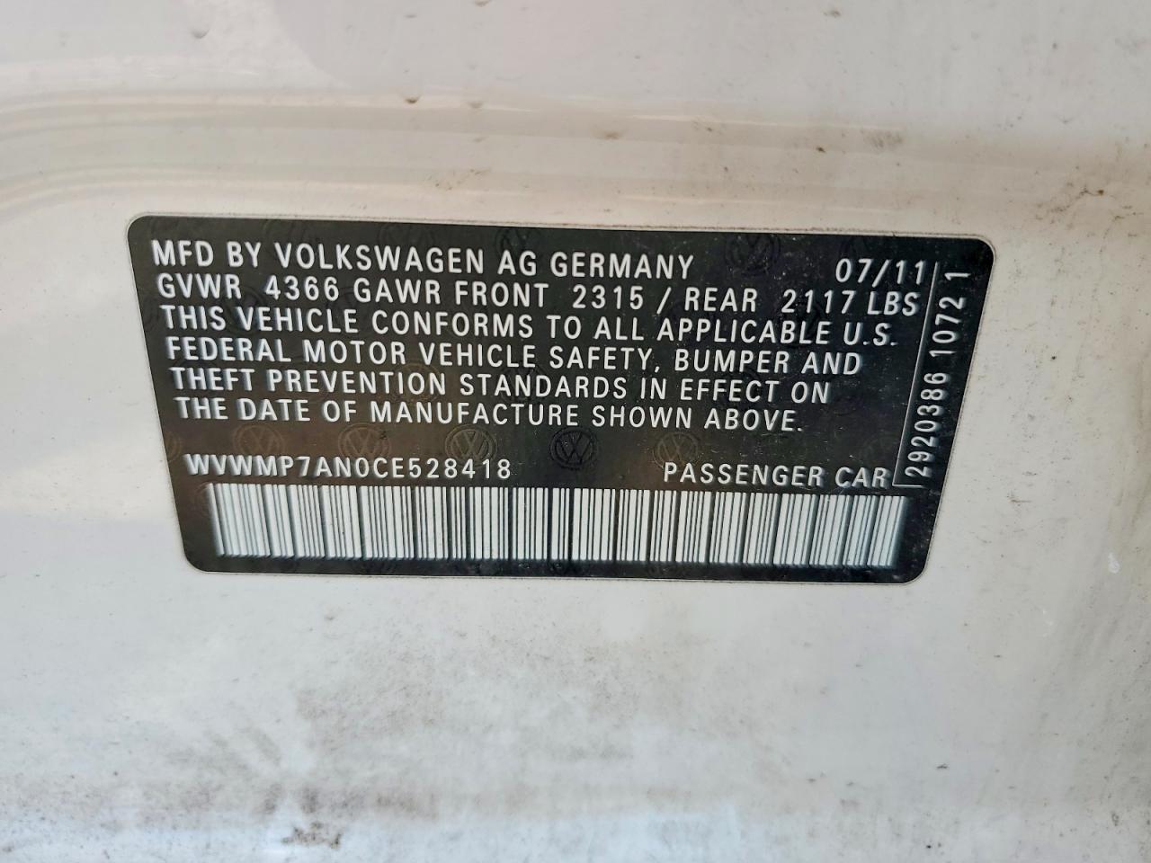 2012 VOLKSWAGEN Cc VIN WVWMP7AN0CE528418 photo 12