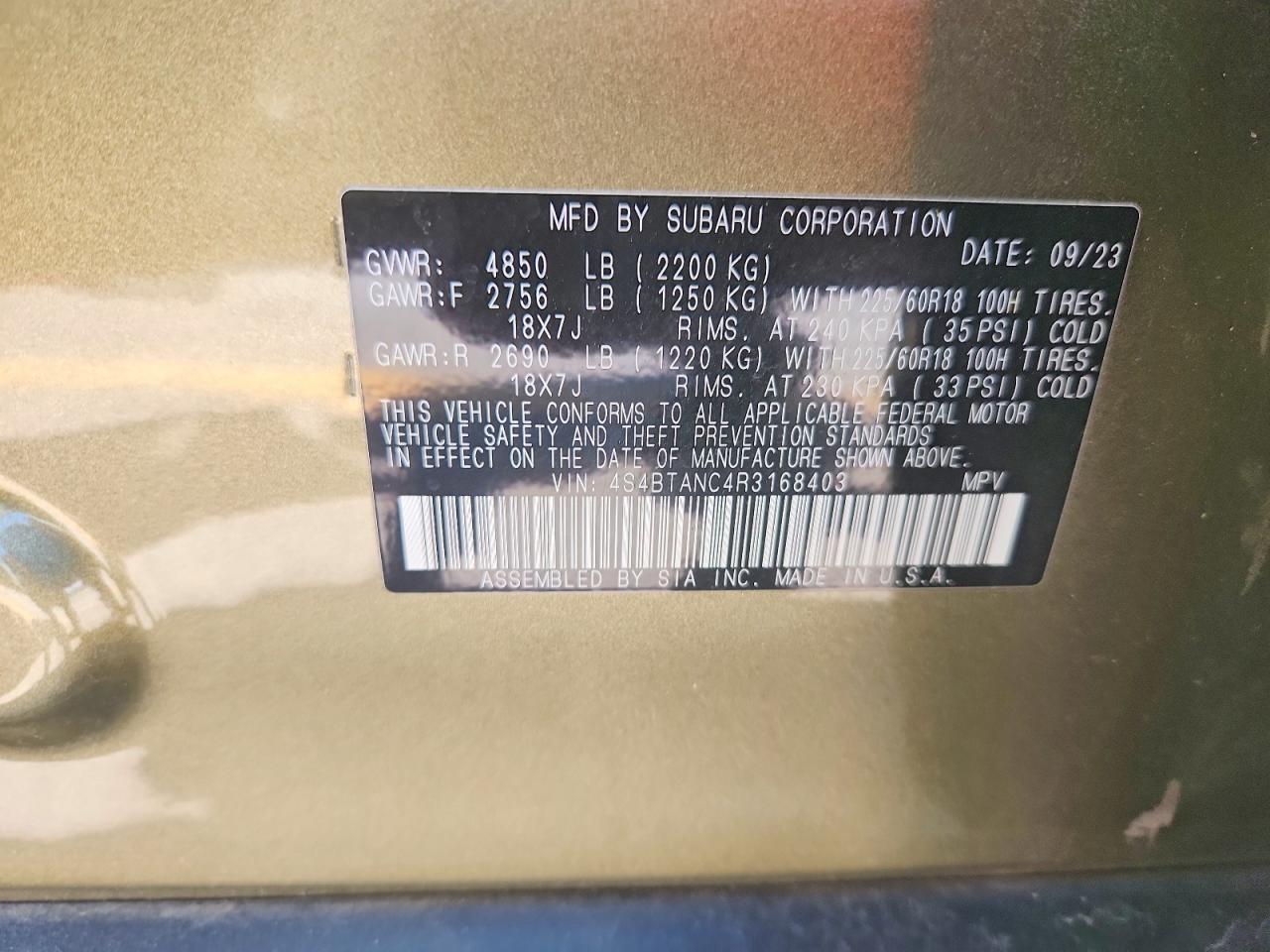 2024 SUBARU Outback VIN 4S4BTANC4R3168403 photo 12