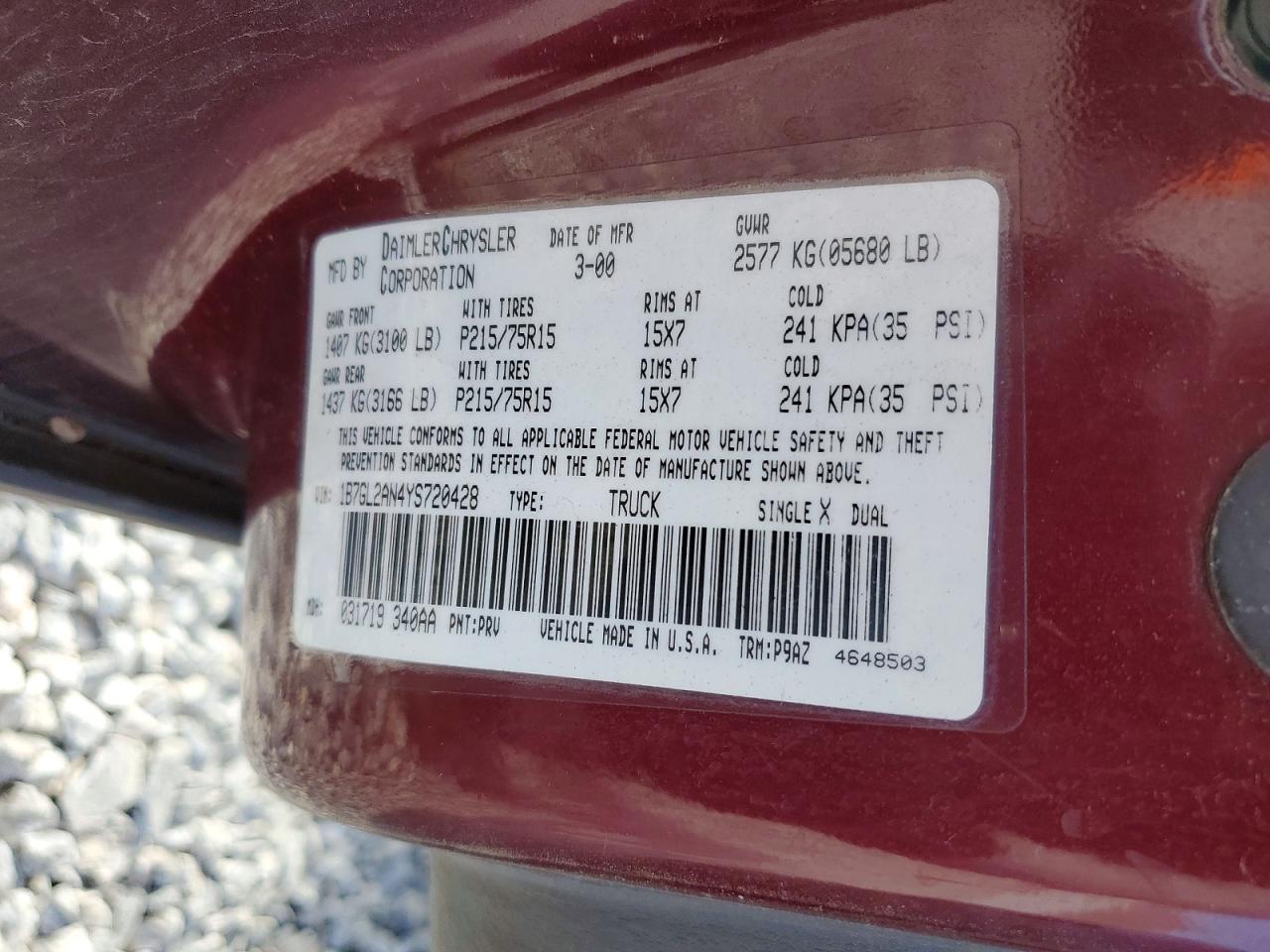 2000 DODGE Dakota VIN 1B7GL2AN4YS720428 photo 12