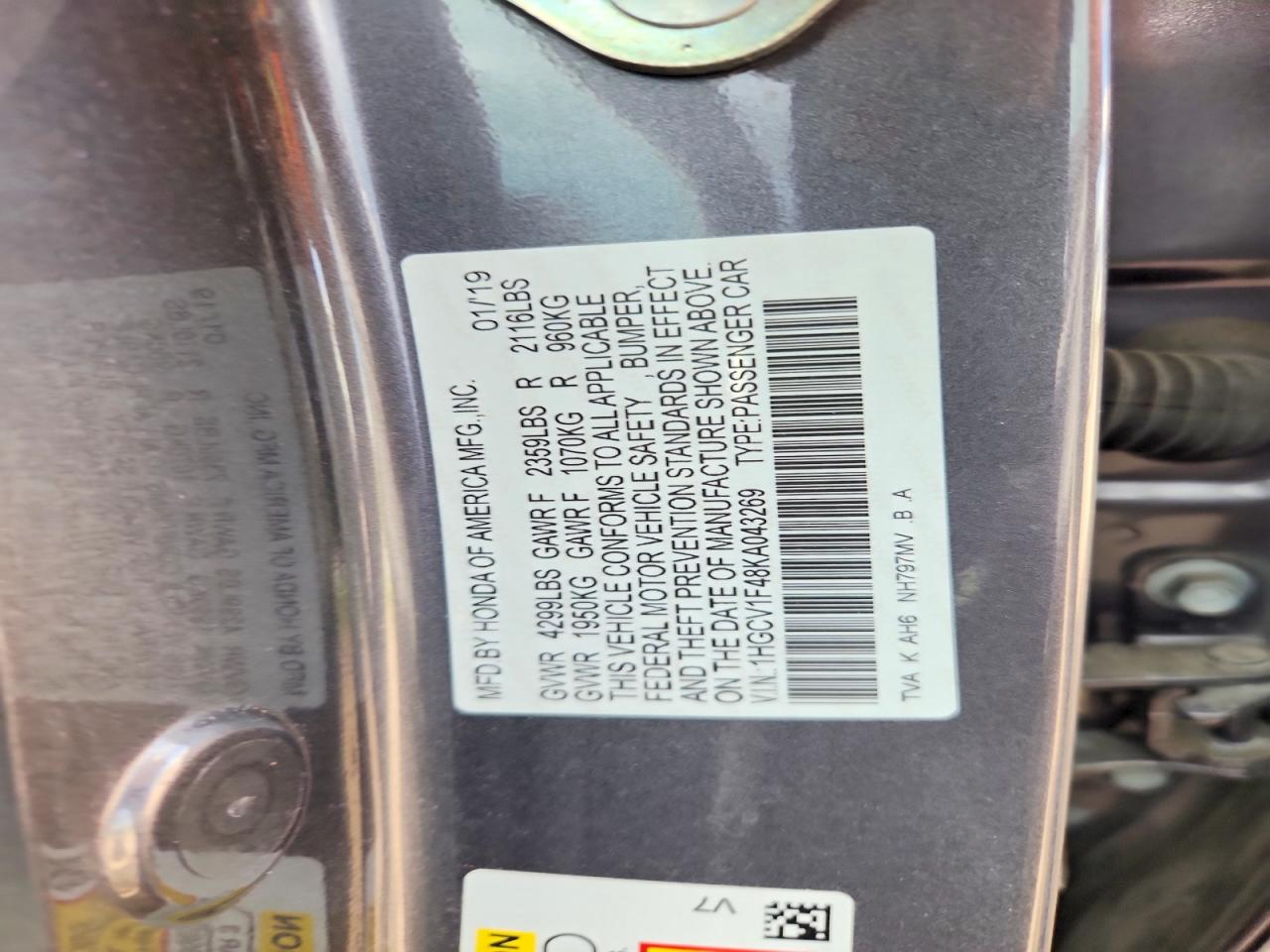 2019 Honda Accord VIN 1HGCV1F48KA043269 photo 12