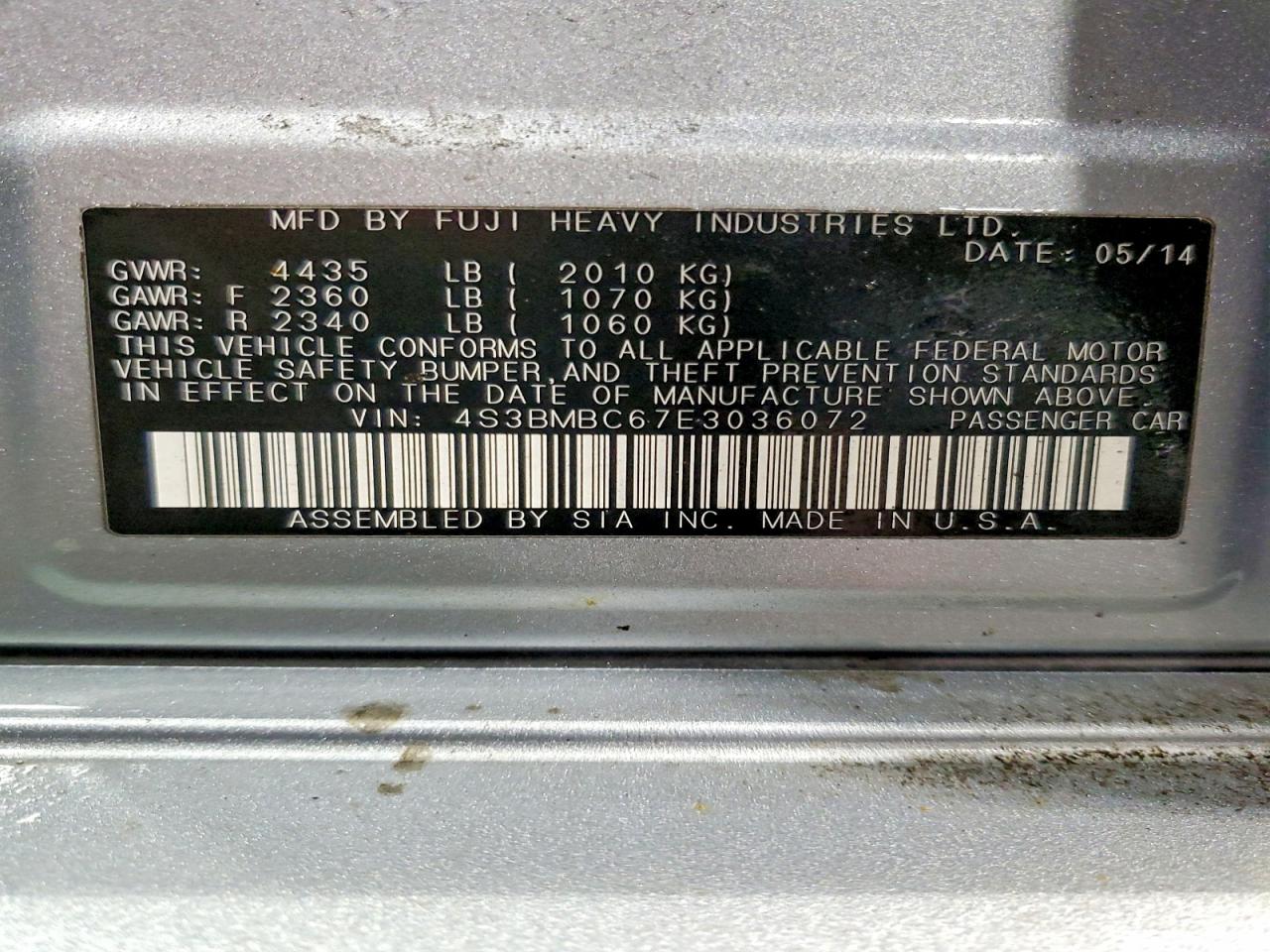 2014 SUBARU LEGACY VIN 4S3BMBC67E3036072 photo 12