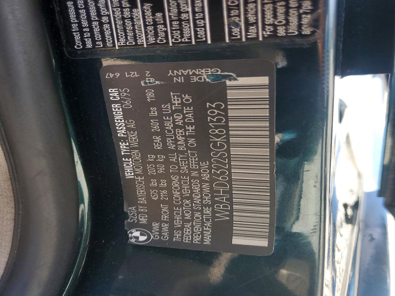 1995 BMW 5 series VIN WBAHD6322SGK81393 photo 12