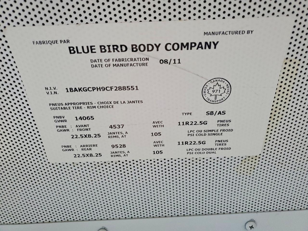 2012 BLUEBIRD School bus VIN 1BAKGCPH9CF288551 photo 10