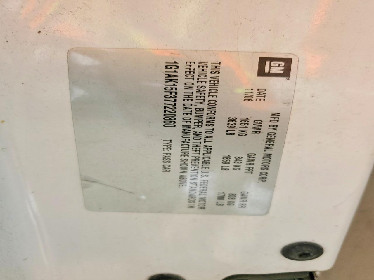 2007 CHEVROLET Cobalt VIN 1G1AK15F377220860 photo 12