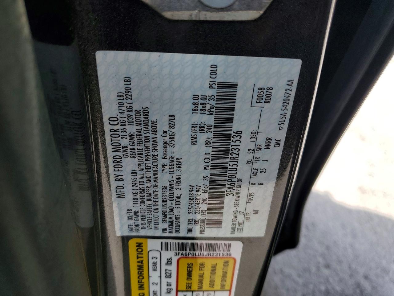 2018 Ford Fusion VIN 3FA6P0LU5JR231536 photo 12