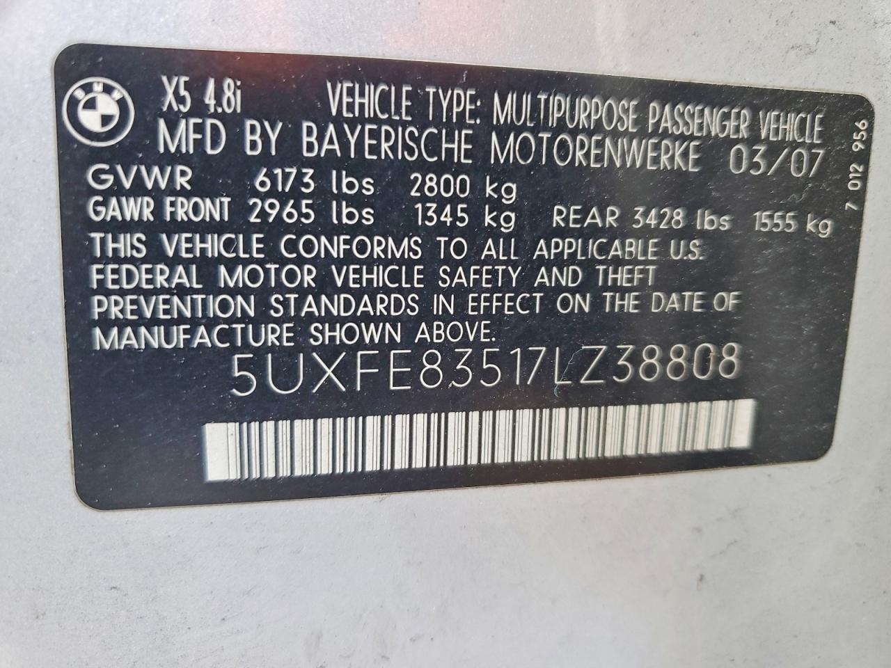 2007 BMW X5 VIN 5UXFE83517LZ38808 photo 12