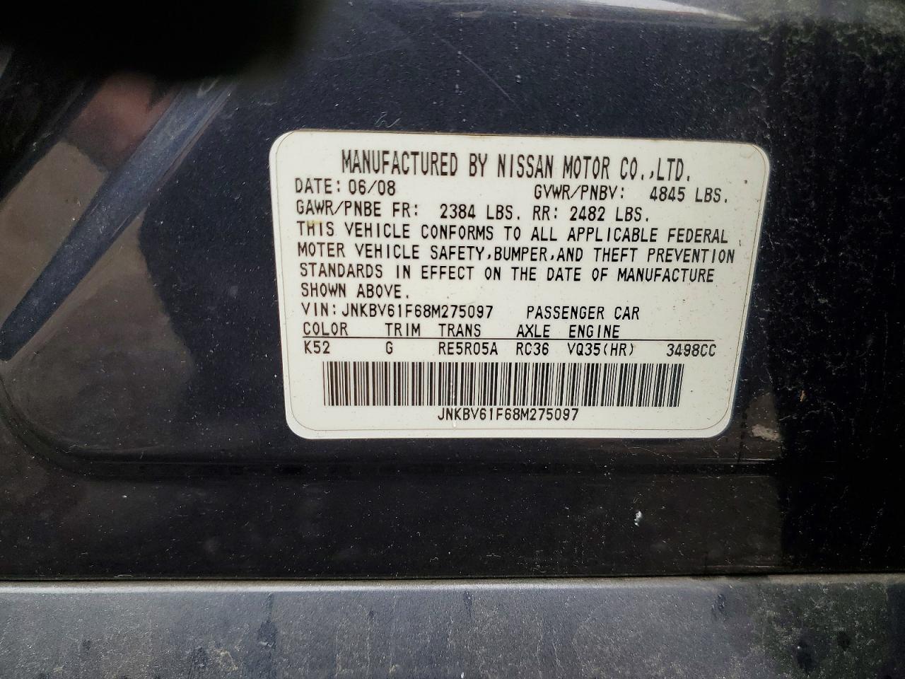 2008 INFINITI G35 VIN JNKBV61F68M275097 photo 12