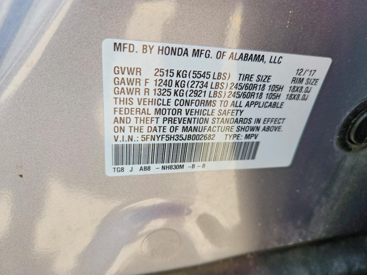 2018 Honda Pilot VIN 5FNYF5H35JB002682 photo 12