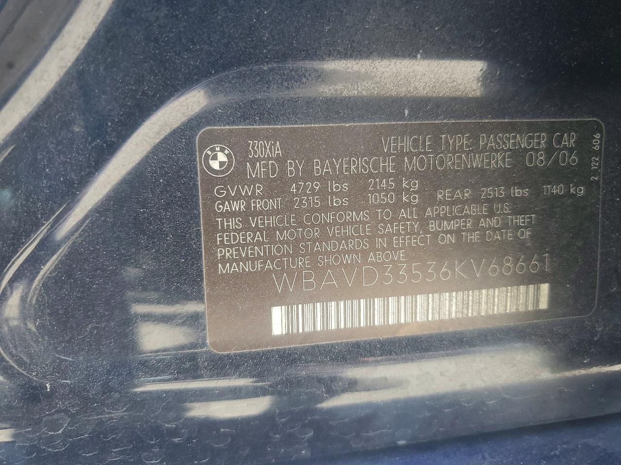 2006 BMW 3 series VIN WBAVD33536KV68661 photo 12