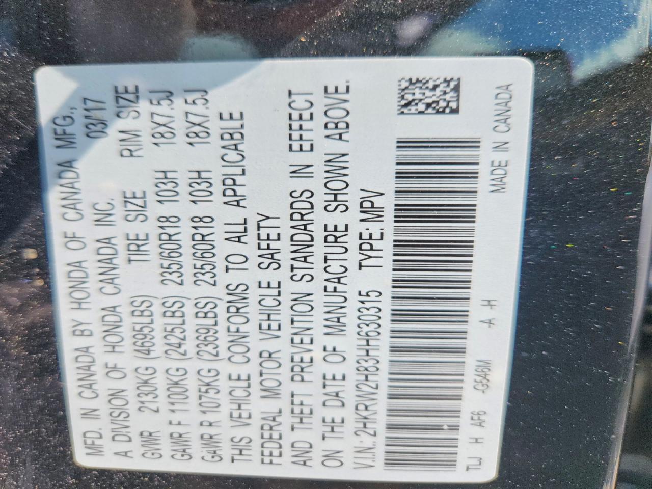 2017 Honda Crv VIN 2HKRW2H83HH630315 photo 12