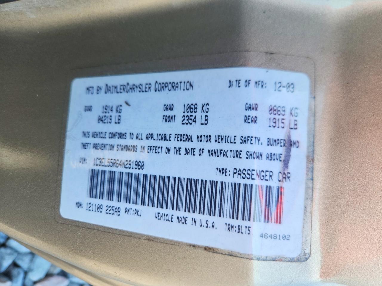 2004 Chrysler Sebring VIN 1C3EL55R64N291960 photo 12