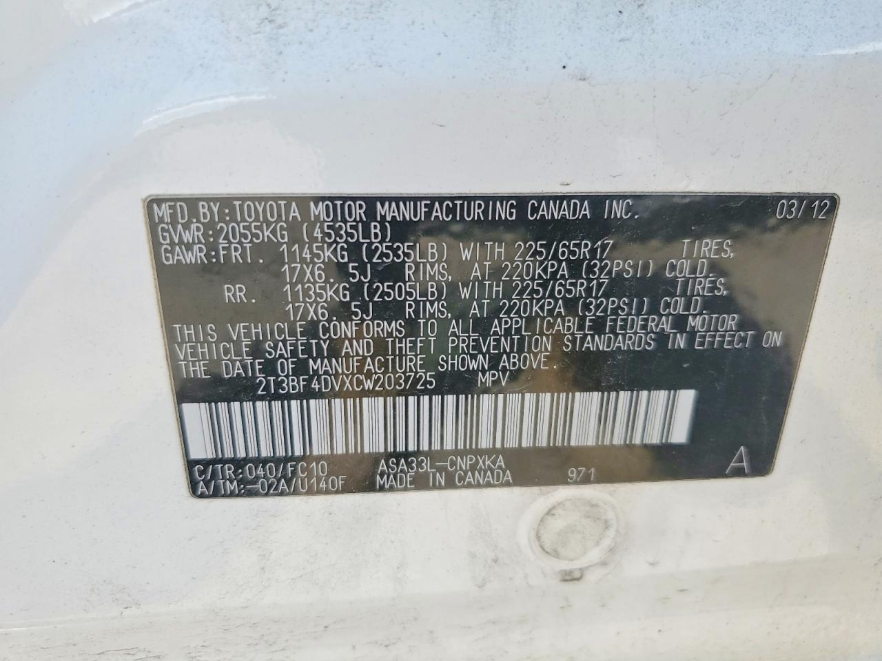 2012 Toyota Rav4 VIN 2T3BF4DVXCW203725 photo 12