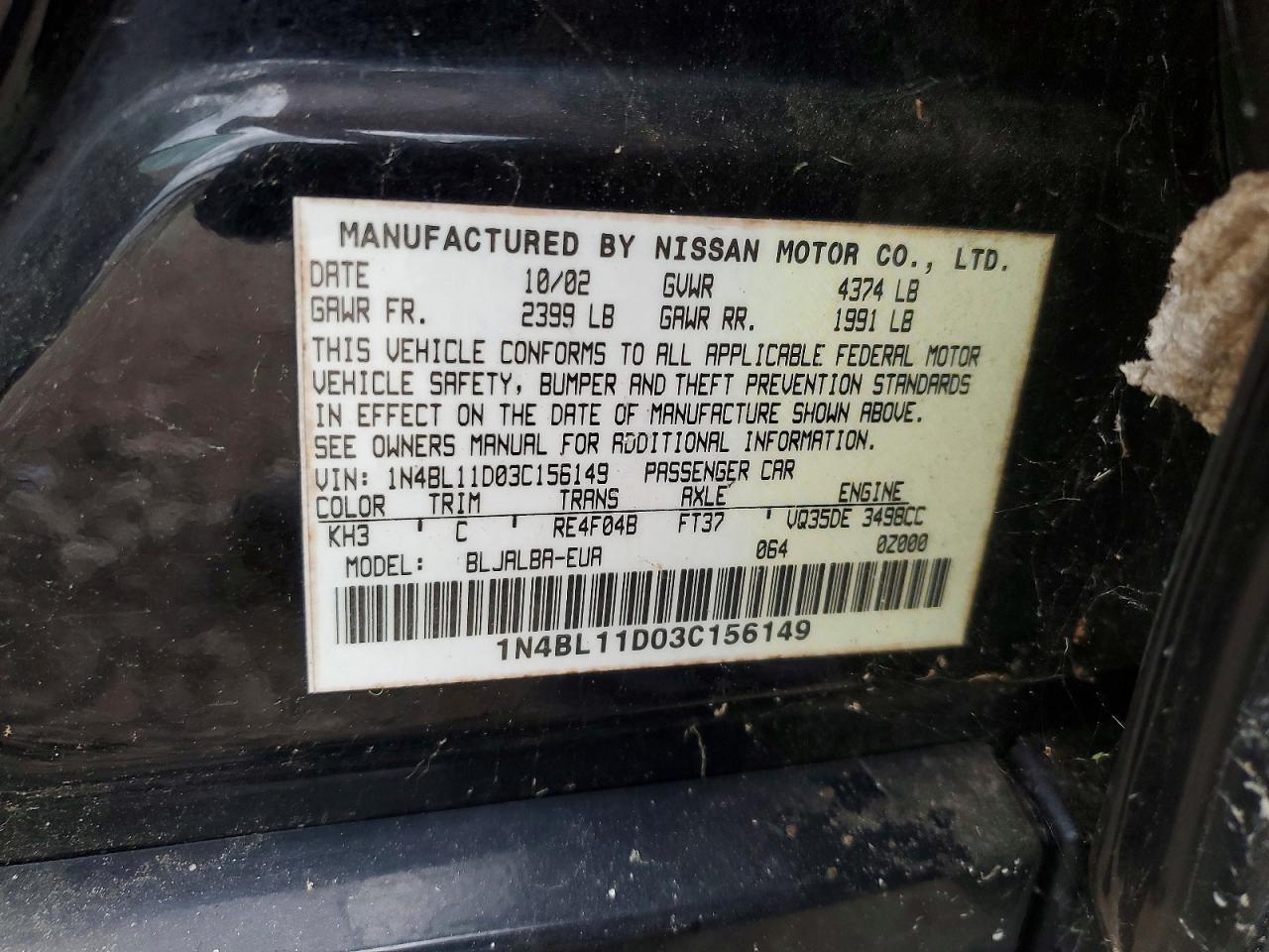 2003 Nissan Altima VIN 1N4BL11D03C156149 photo 12