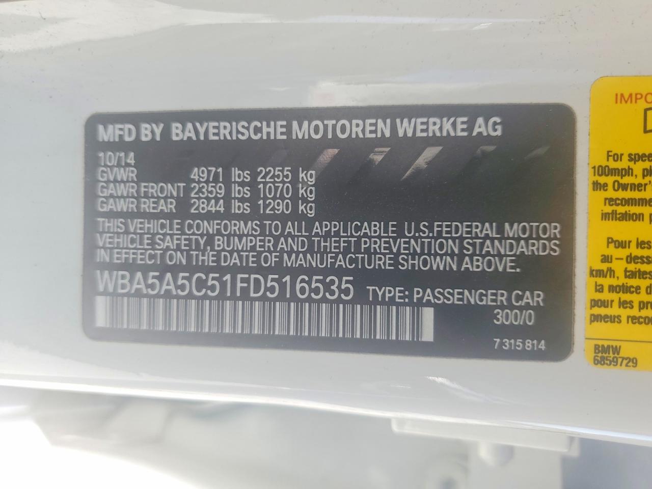 2015 BMW 5 series VIN WBA5A5C51FD516535 photo 12