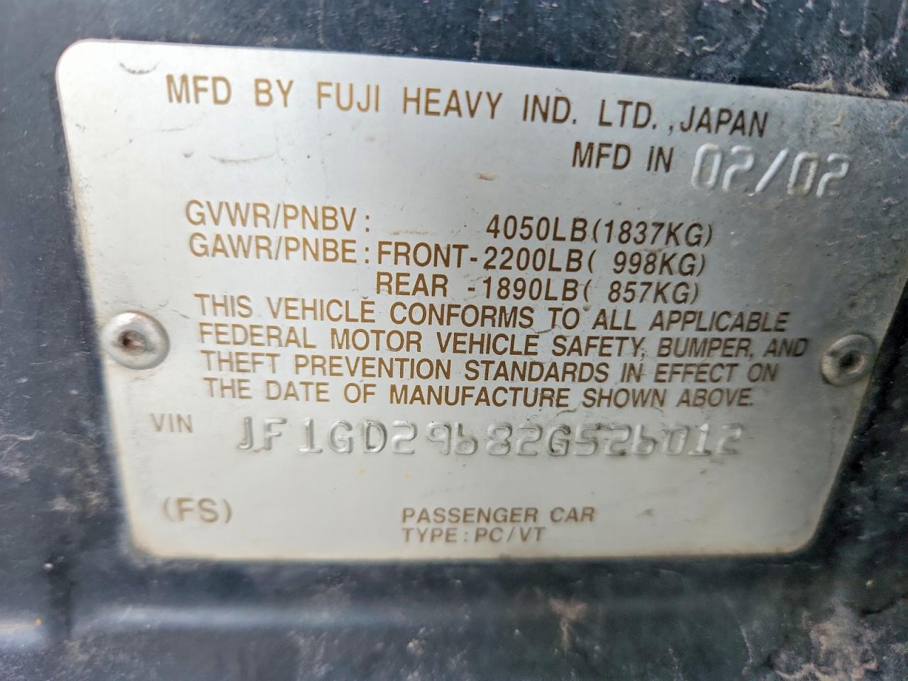 2002 Subaru Wrx VIN JF1GD29682G526012 photo 12