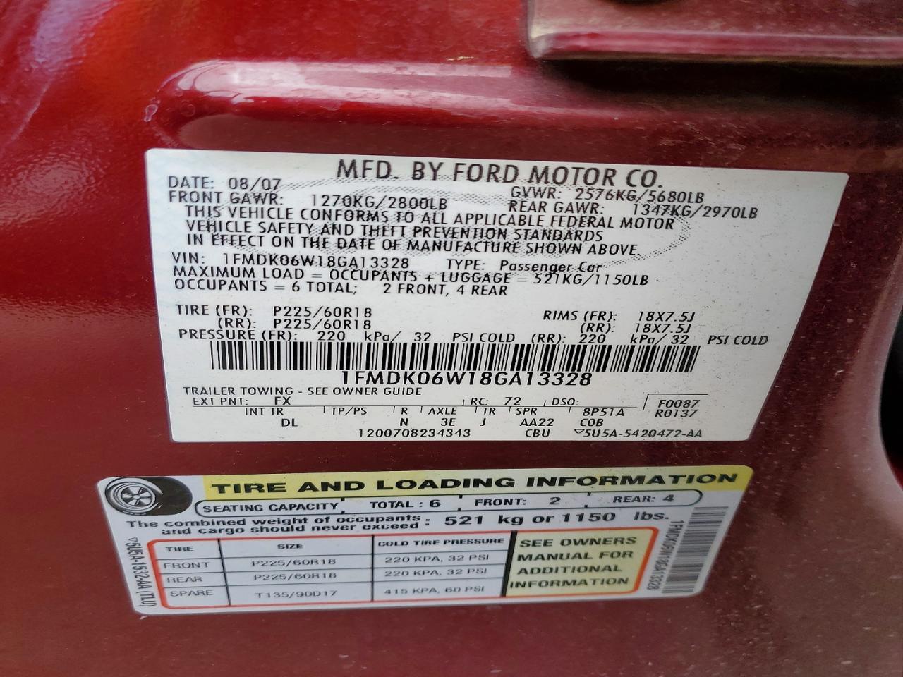 2008 Ford Taurus VIN 1FMDK06W18GA13328 photo 12