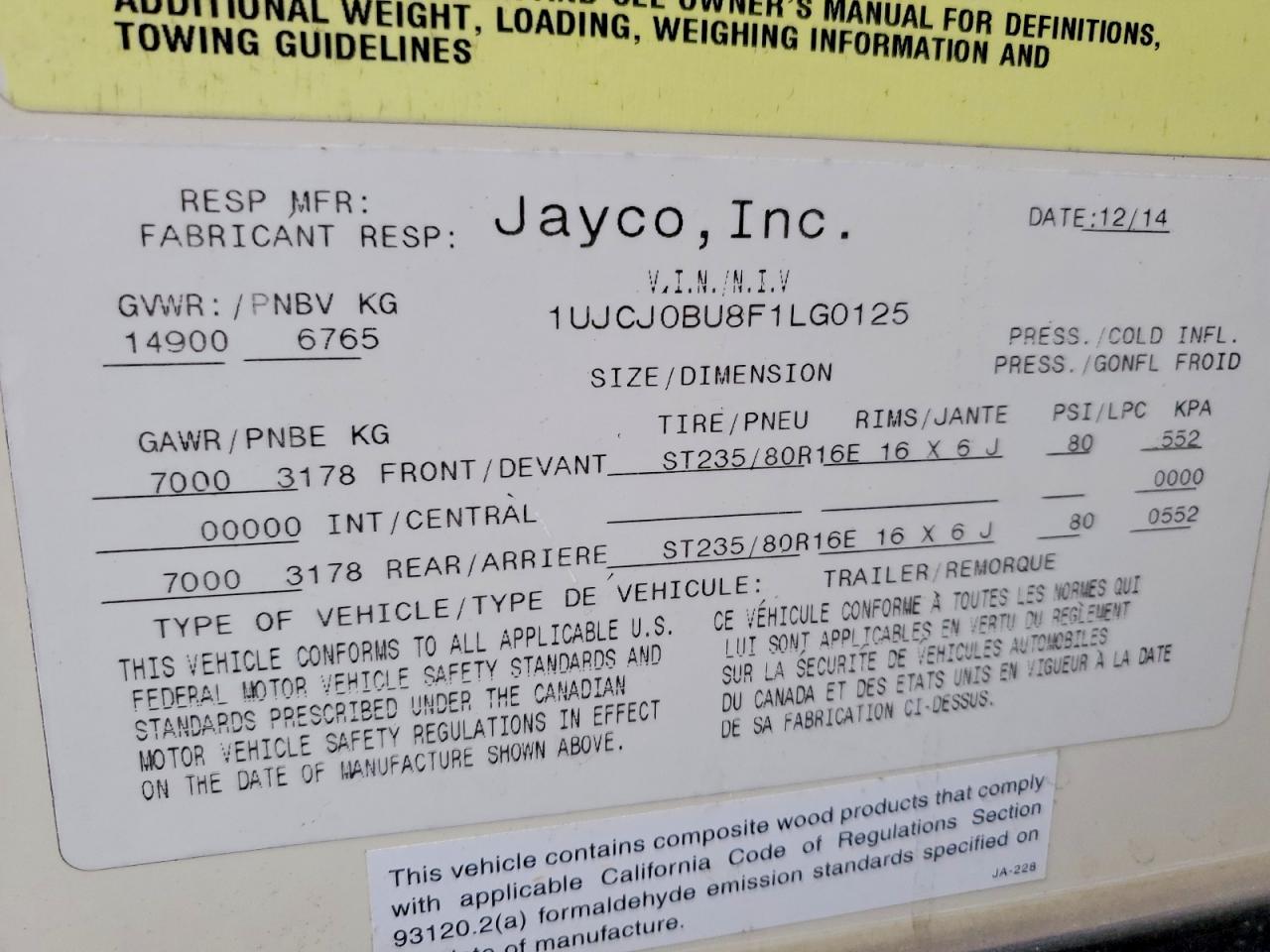 2015 JAYCO All models VIN 1UJCJ0BU8F1LG0125 photo 10