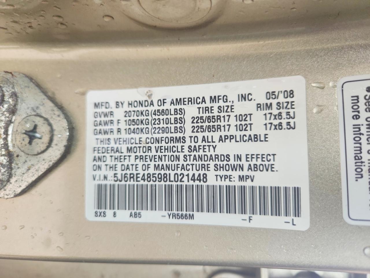 2008 HONDA Crv VIN 5J6RE48598L021448 photo 12