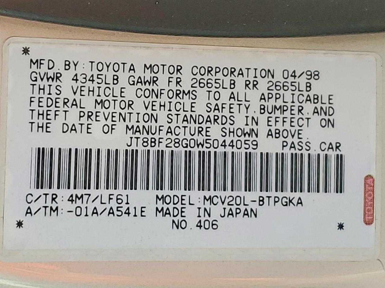 1998 Lexus Es300 VIN JT8BF28G0W5044059 photo 12