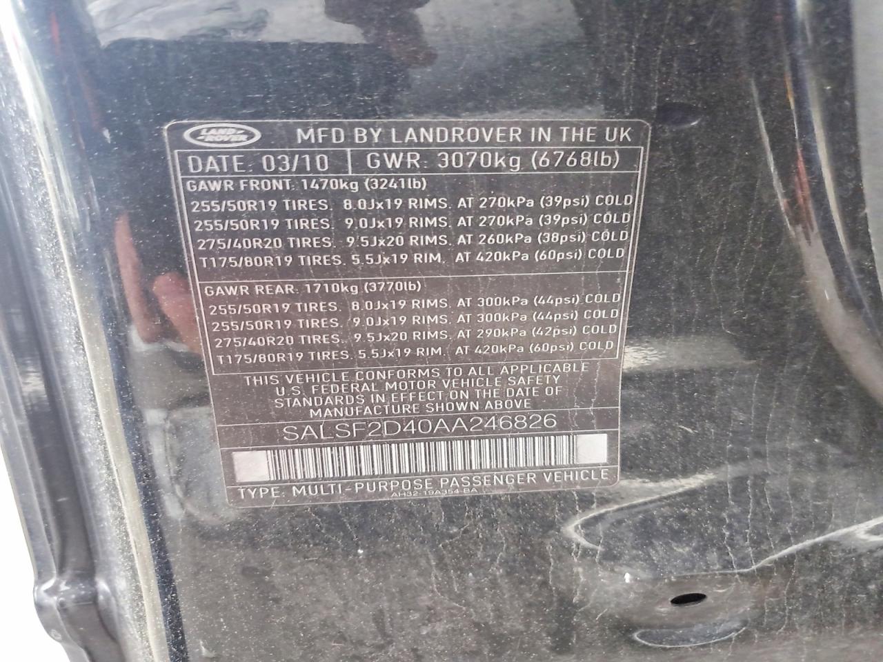 2010 Land Rangerover VIN SALSF2D40AA246826 photo 12