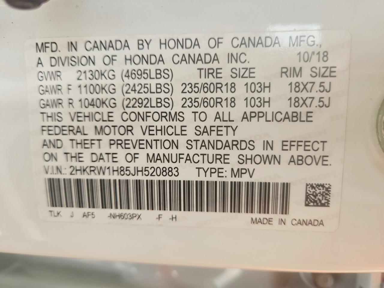 2018 Honda Crv VIN 2HKRW1H85JH520883 photo 12