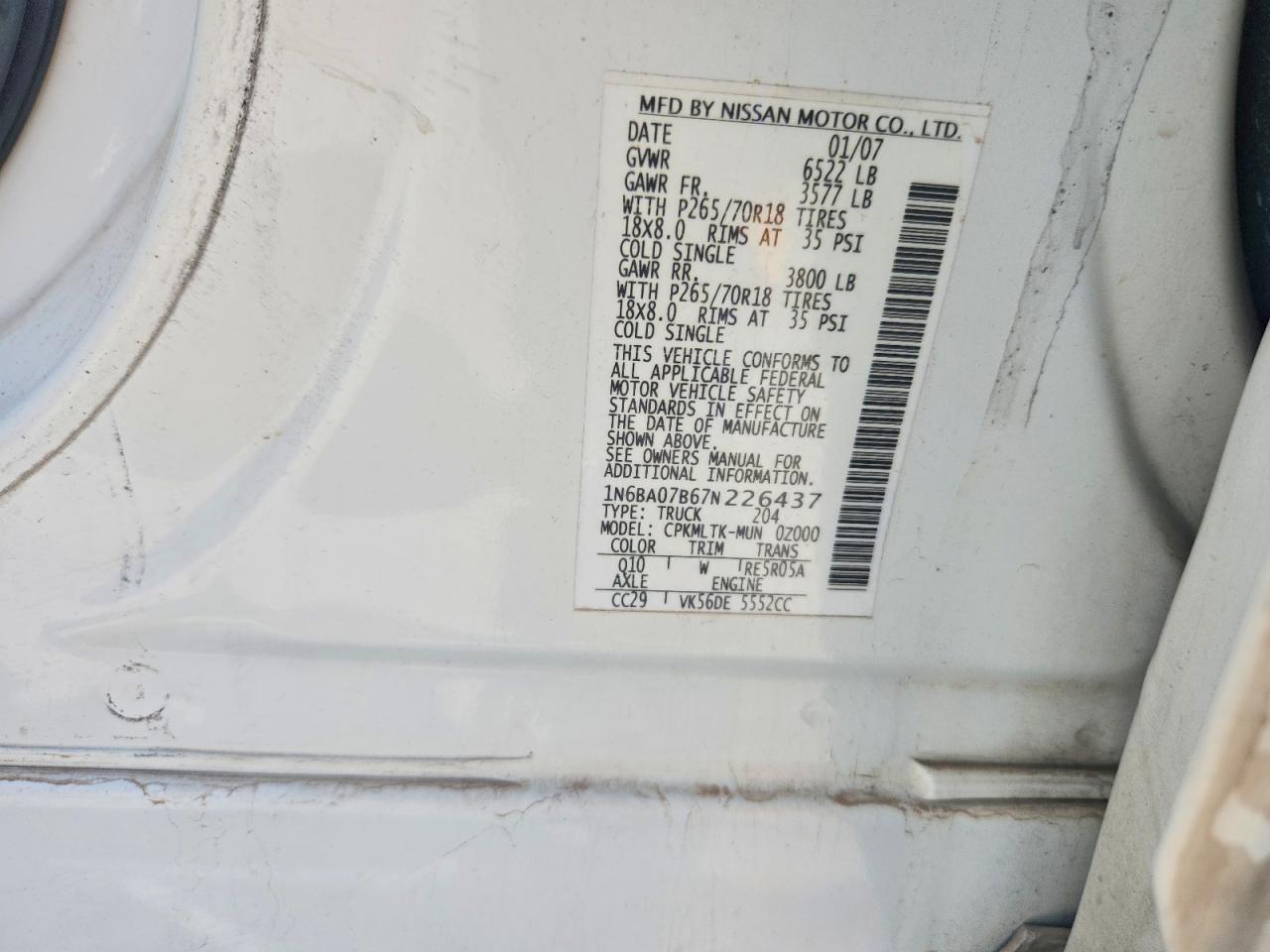 2007 NISS Titan VIN 1N6BA07B67N226437 photo 12