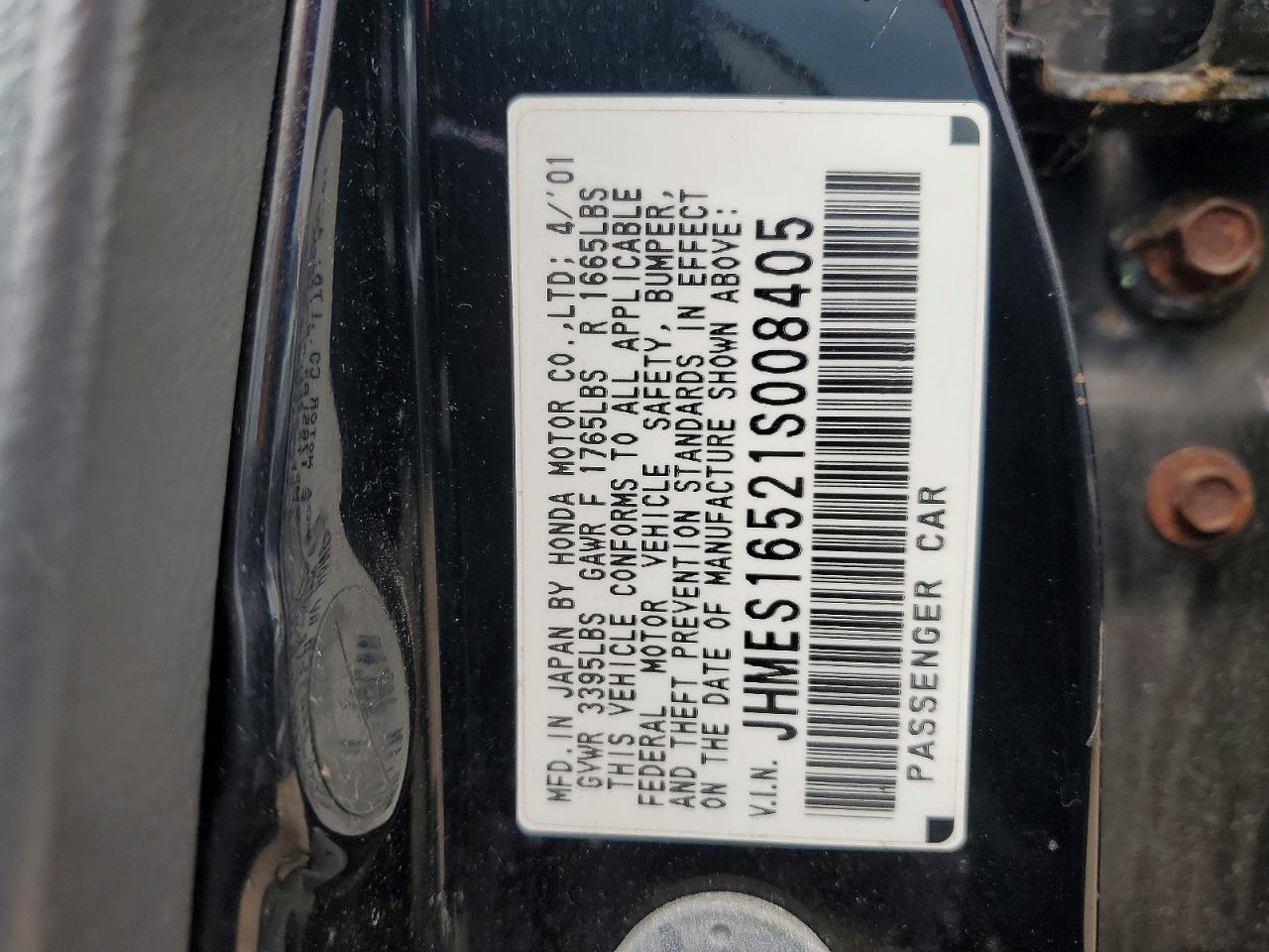 2001 HONDA Civic VIN JHMES16521S008405 photo 12