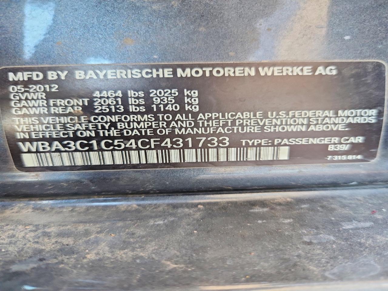 2012 BMW 3 series VIN WBA3C1C54CF431733 photo 12