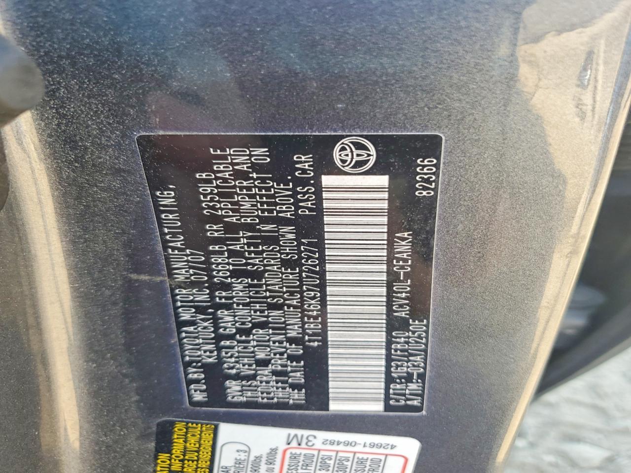 2007 Camry VIN 4T1BE46K97U726271 photo 12