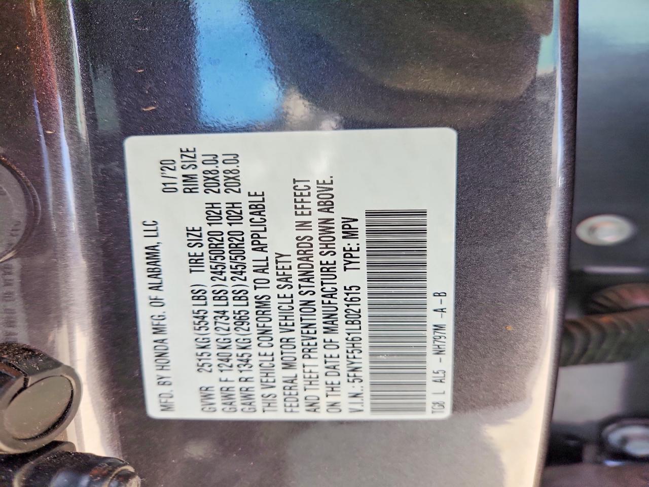 2020 Honda Pilot VIN 5FNYF5H61LB021615 photo 12