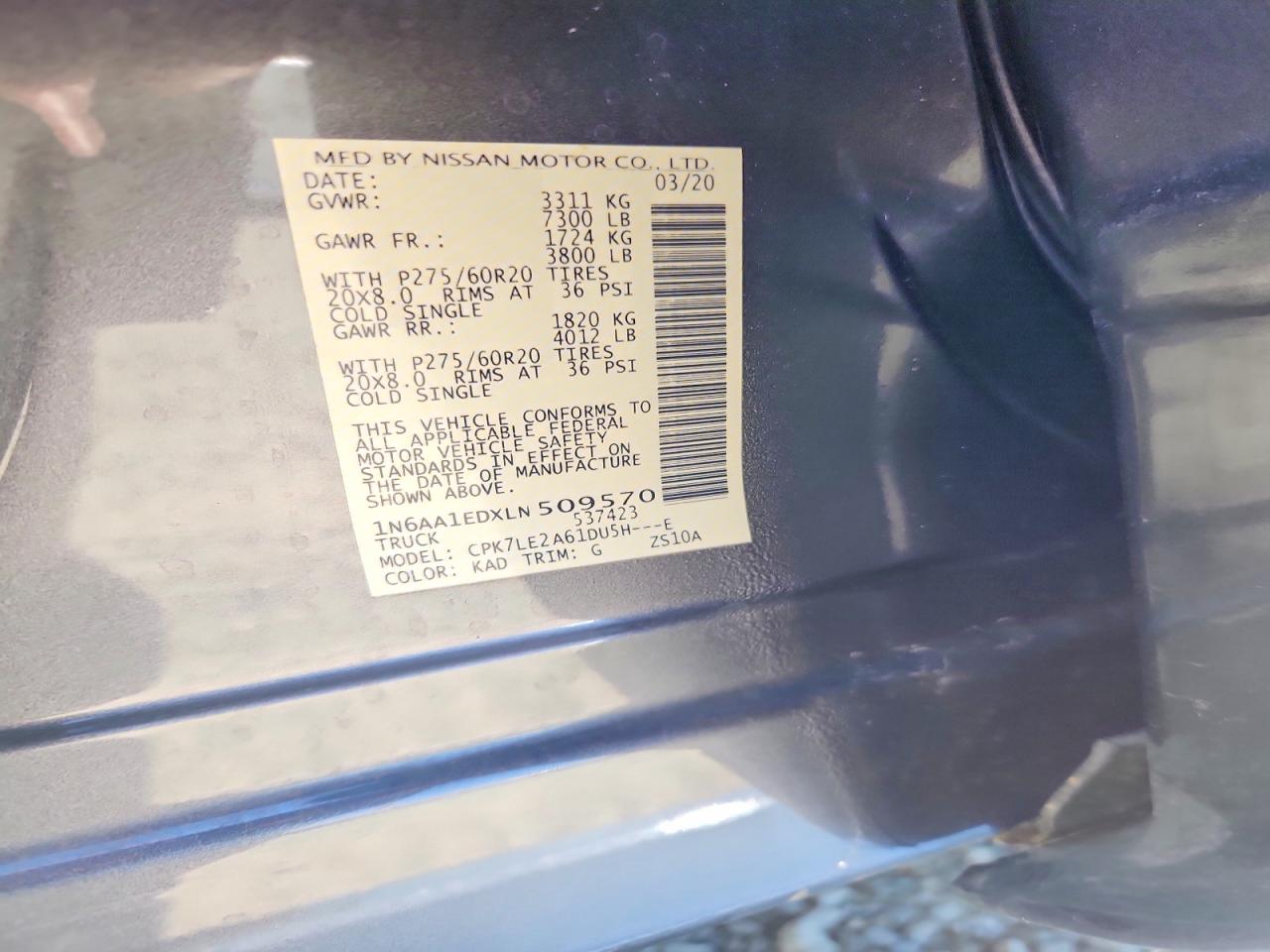 2020 Nissan TITAN VIN 1N6AA1EDXLN509570 photo 12