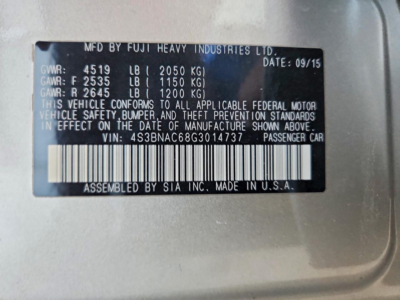 2016 SUBARU LEGACY VIN 4S3BNAC68G3014737 photo 12