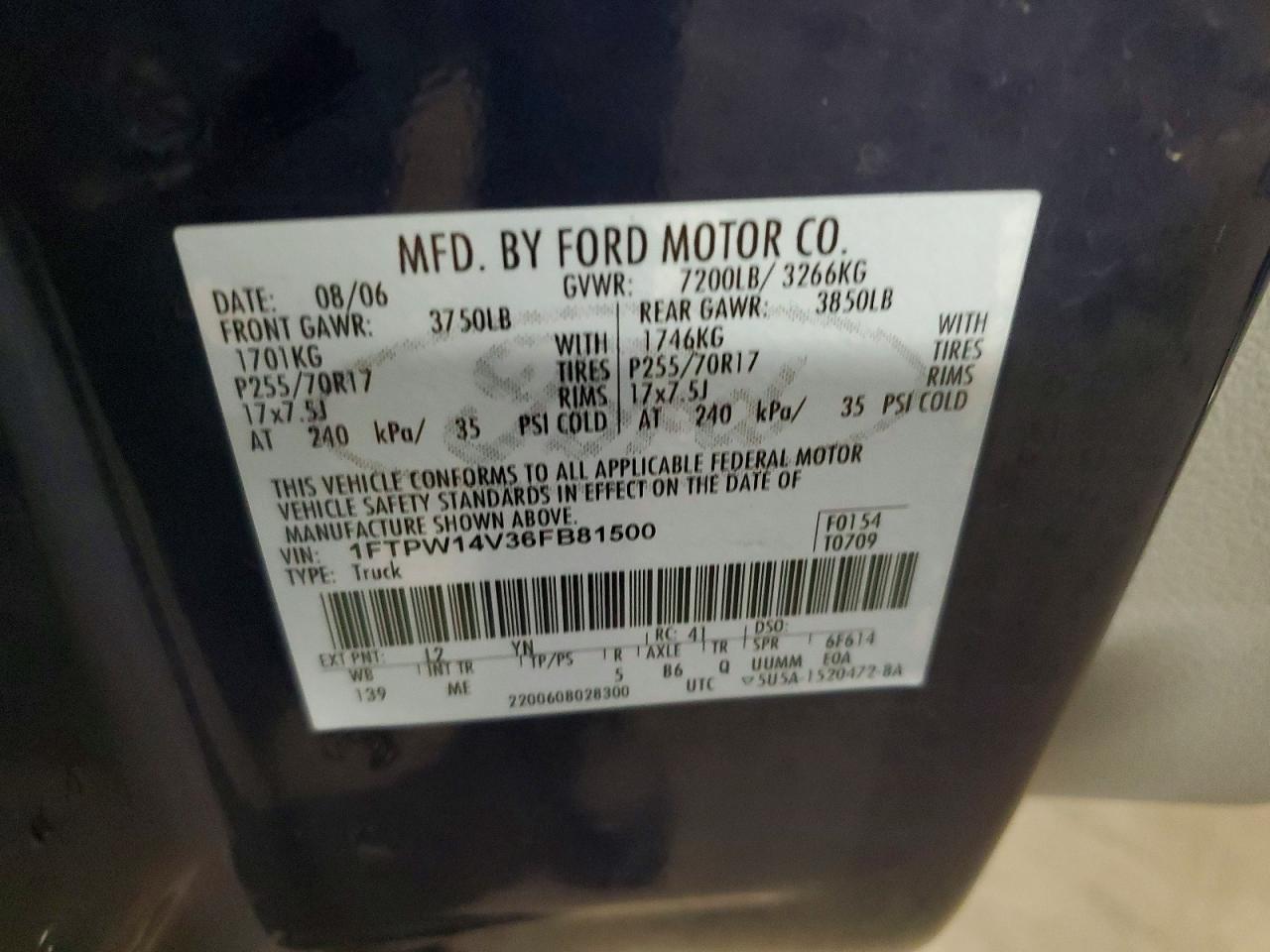 2006 Ford F150 VIN 1FTPW14V36FB81500 photo 12