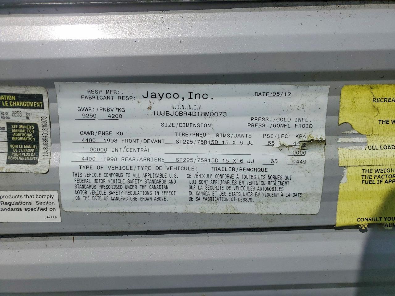 2013 JAYCO All models VIN 1UJBJ0BR4D18M0073 photo 10