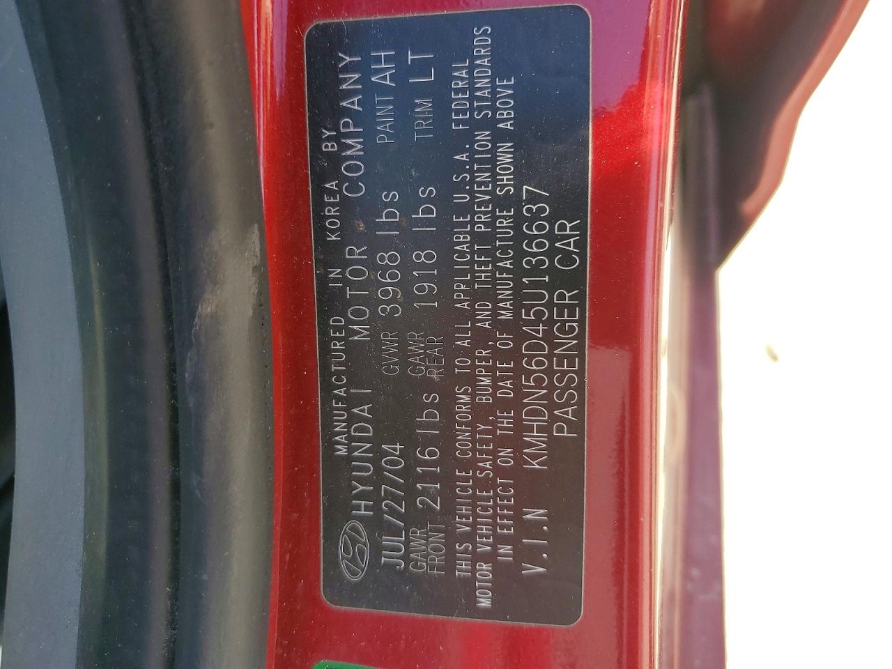 2005 Hyundai Elantra VIN KMHDN56D45U136637 photo 12
