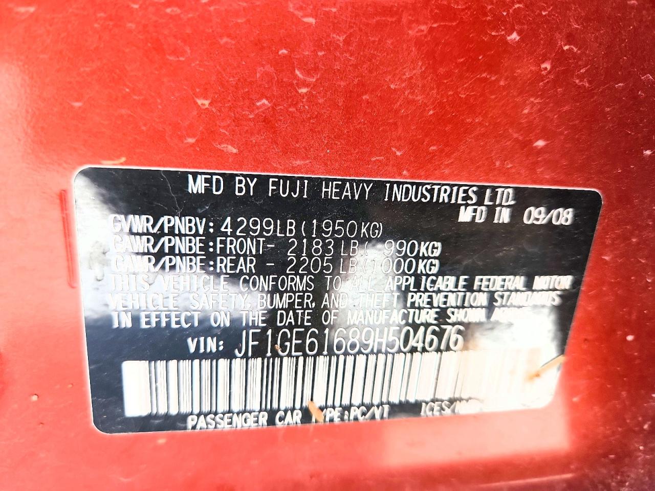 2009 Subaru Impreza VIN JF1GE61689H504676 photo 12