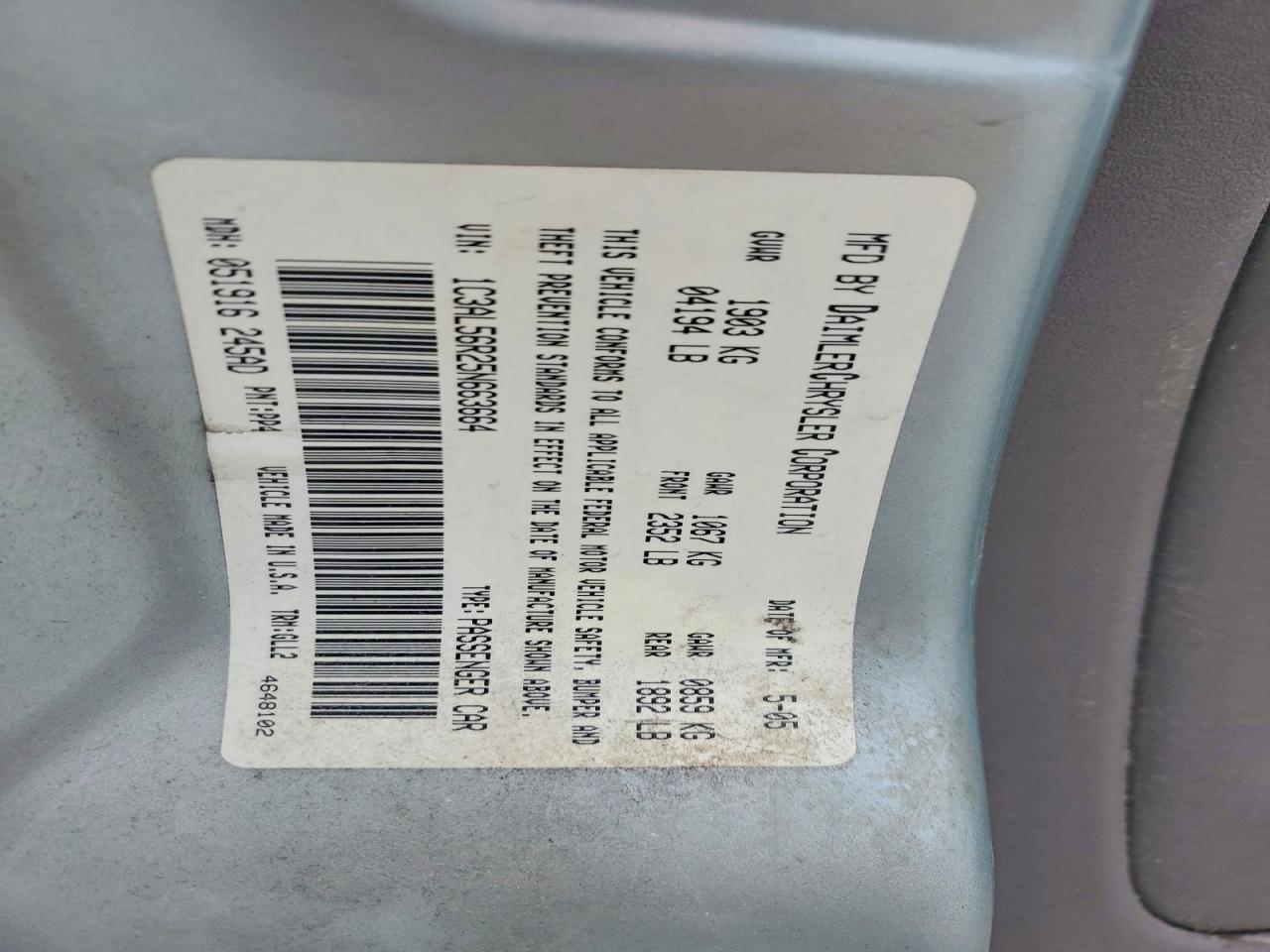 2005 Chrysler Sebring VIN 1C3AL56R25N663664 photo 12